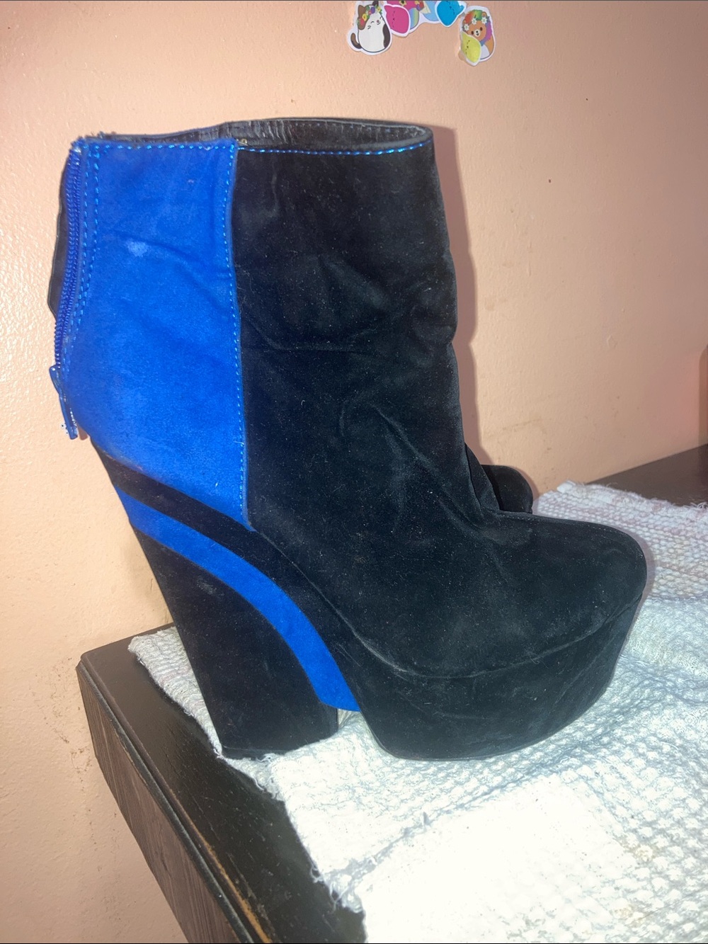 Privileged Black and Electric Blue Suede Platform Wedge Ankle Boots - Women